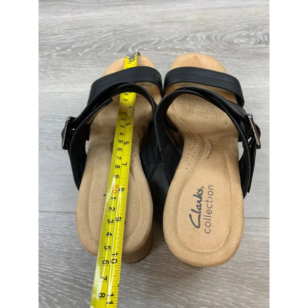Clarks Black Leather Cork Platform Wedge Sandals Women's 8.5 Comfort Shoes